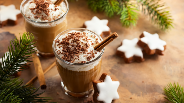 Coffee with whipped cream, chocolate and winter spices