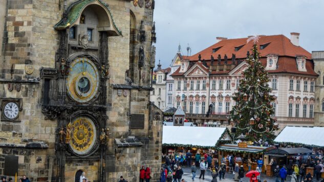 Prague Christmas market with astronomical clock