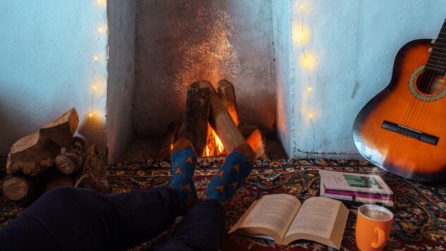 guitar and fireplace