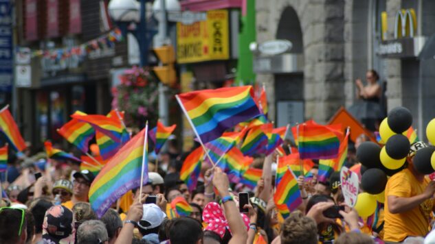 Pride march with pride flag