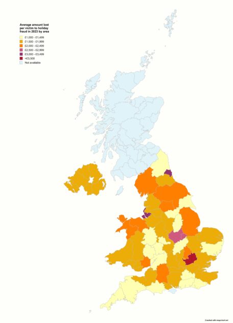 Map of the UK showing the average amount of money lost per victim to holiday fraud in 2023 by area