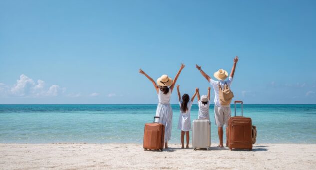 A family on a beach.